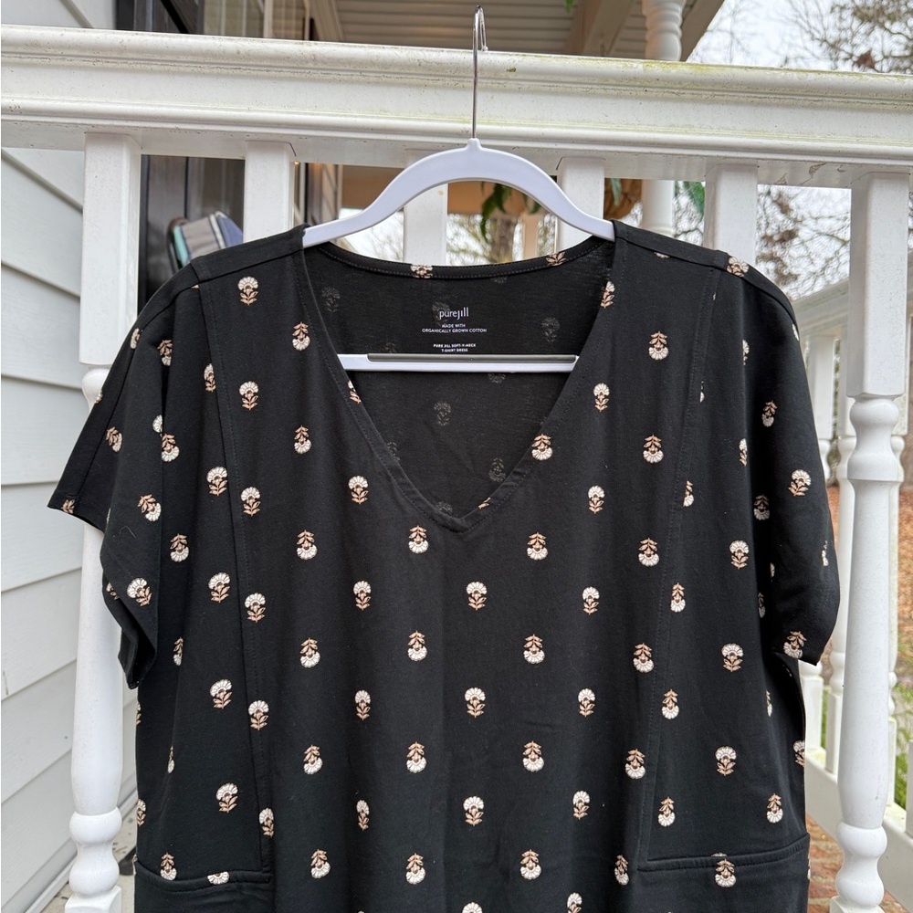 J.jill Pure Jill Soft-v-neck T-shirt Dress Black Airy Floral Organic Cotton LG - Picture 3 of 7